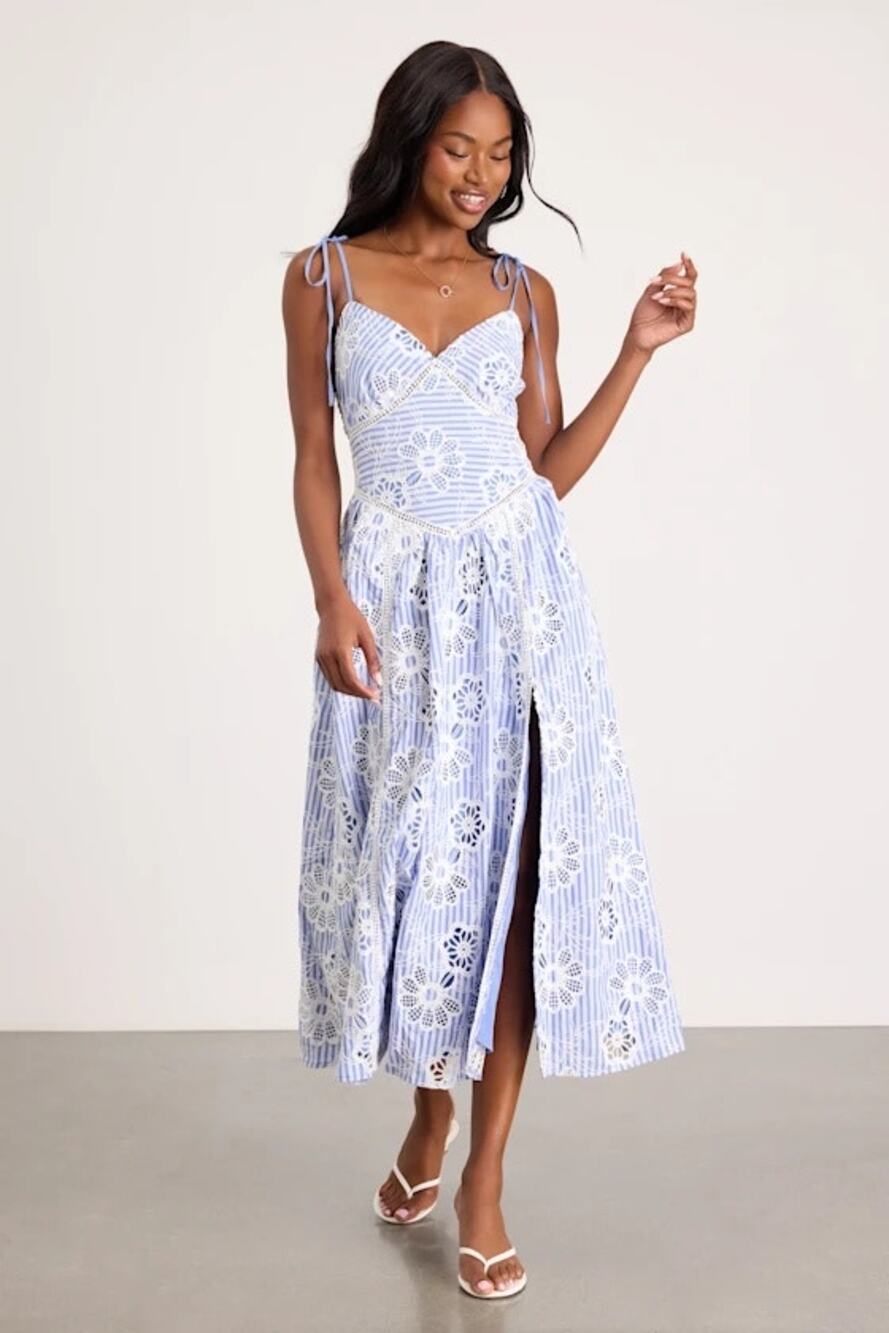 NWOT Just Me Shilah Blue Striped Floral Tie-Strap Midi Dress Large
